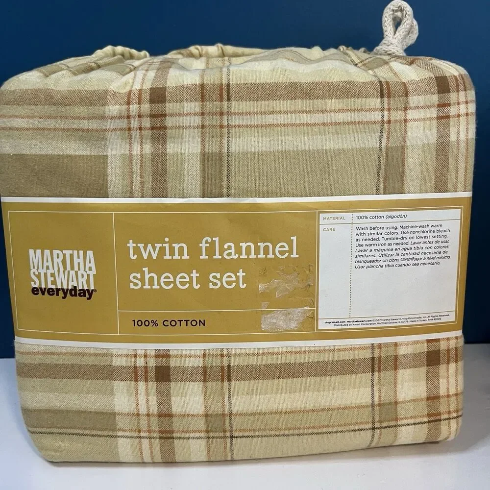 Martha Stewart Cabin Plaid Flannel Sheet Set TWIN Neutral Autumn Yellow NEW
